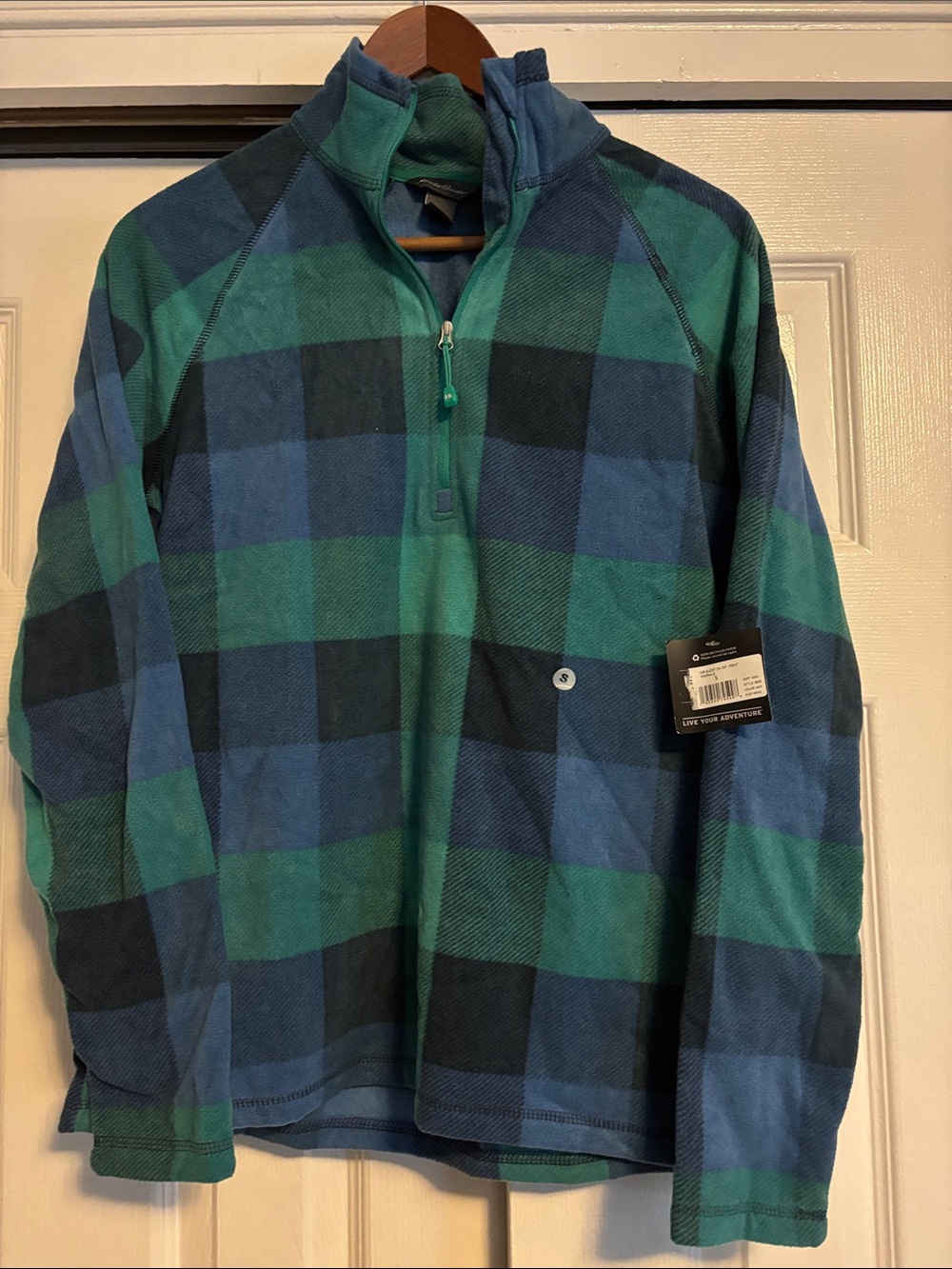 Eddie Bauer Quest 1/4 Zip Fleece Pullover Plaid Emerald Blue Women’s S NWT